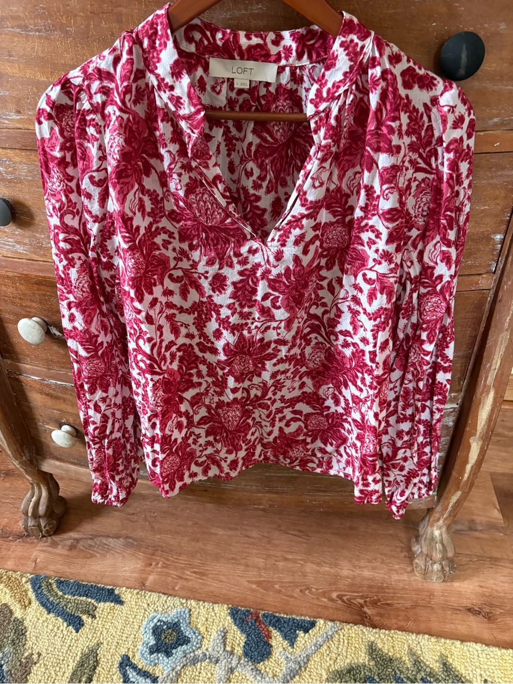 LOFT Red and White Floral Long-Sleeve V-Neck Blouse